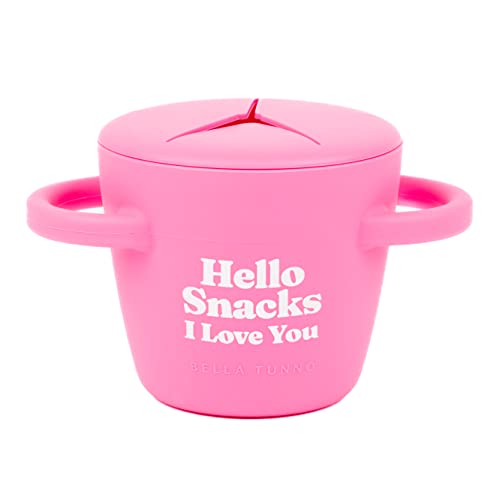 Bella Tunno Hello Snacks Happy Snacker with mess-proof lid, soft silicone opening, and easy-grip handles. Perfect for on-the-go snacking in car seats and strollers.