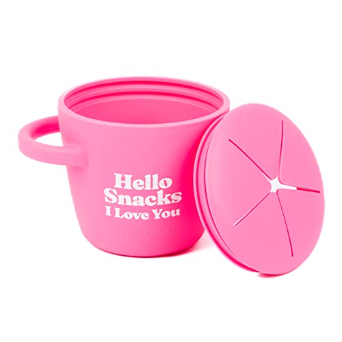 Bella Tunno Hello Snacks Happy Snacker with mess-proof lid, soft silicone opening, and easy-grip handles. Perfect for on-the-go snacking in car seats and strollers.