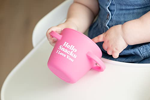 Bella Tunno Hello Snacks Happy Snacker with mess-proof lid, soft silicone opening, and easy-grip handles. Perfect for on-the-go snacking in car seats and strollers.