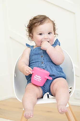 Bella Tunno Hello Snacks Happy Snacker with mess-proof lid, soft silicone opening, and easy-grip handles. Perfect for on-the-go snacking in car seats and strollers.