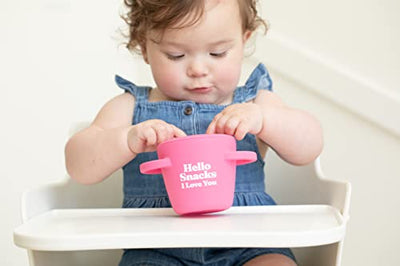Bella Tunno Hello Snacks Happy Snacker with mess-proof lid, soft silicone opening, and easy-grip handles. Perfect for on-the-go snacking in car seats and strollers.