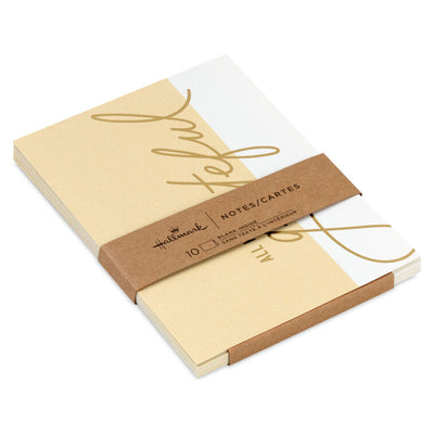 Tan and cream thank-you cards with gold foil script reading “all kinds of grateful” on two-tone background.
