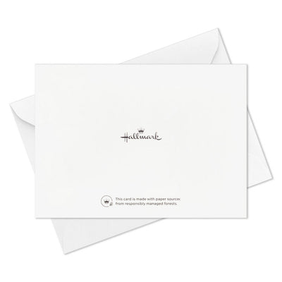 Elegant blank note cards with gold-accented tropical leaves on navy background, boxed set of 10 with white envelopes.
