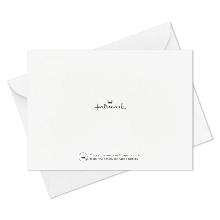 Elegant blank note cards with gold-accented tropical leaves on navy background, boxed set of 10 with white envelopes.
