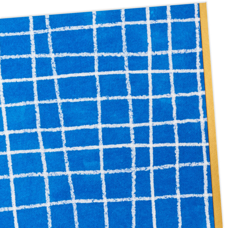 Set of 5 Hallmark mini blank note cards with white windowpane grid design on a vibrant blue background, gold foil accents, and matching envelopes.
