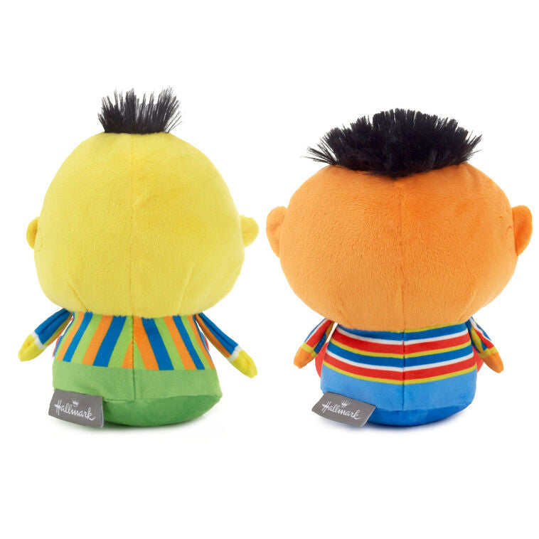Plush Bert and Ernie toys with magnetic connectors, colorful outfits, and embroidered Sesame Street features.
