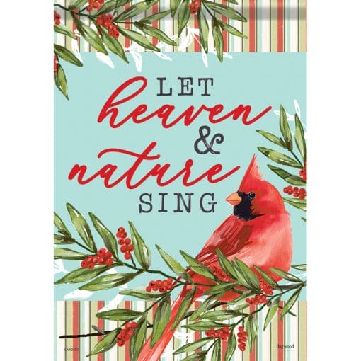 Cardinal garden flag featuring a vibrant red cardinal on soft, durable Dura Soft™ fabric with double-sided winter-themed design.