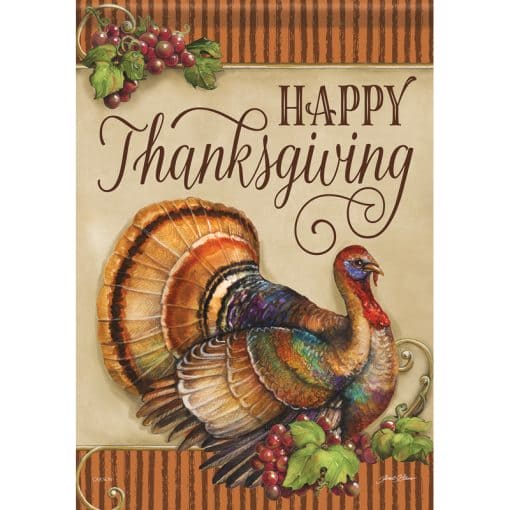Turkey & Grapes Garden Flag with autumn colors, turkey, and grapes on soft, durable fabric, double-sided design by Flag Trends™.