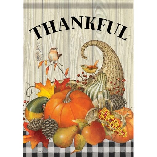 Thankful Cornucopia garden flag with pumpkins, apples, fall leaves, and birds on soft, durable fabric with double-sided message.