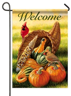 Plentiful Fall Garden Flag by Carson featuring a foil-accented cornucopia with pumpkins, cardinal, and harvest design on double-sided fabric.