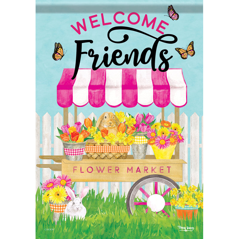 Flower Market garden flag with bright floral artwork, crafted from durable, soft Dura Soft™ fabric, readable on both sides.