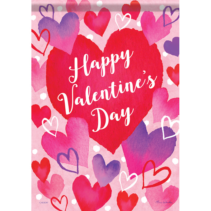 Watercolor Hearts garden flag by Carson with vibrant heart design on soft, durable Dura Soft™ fabric, double-sided and weather-resistant.
