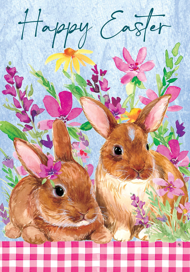 Sweet Bunnies double-sided flag by Custom Decor, featuring vibrant colors, fade-resistant ink, printed on luxurious fabric, and readable from both sides.