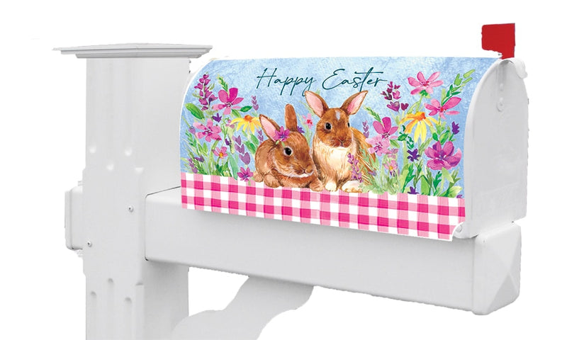 Sweet Bunnies vinyl mailbox makeover by Custom Decor, featuring bright colors, UV cured ink, and magnetic strips for easy attachment to standard metal mailboxes.