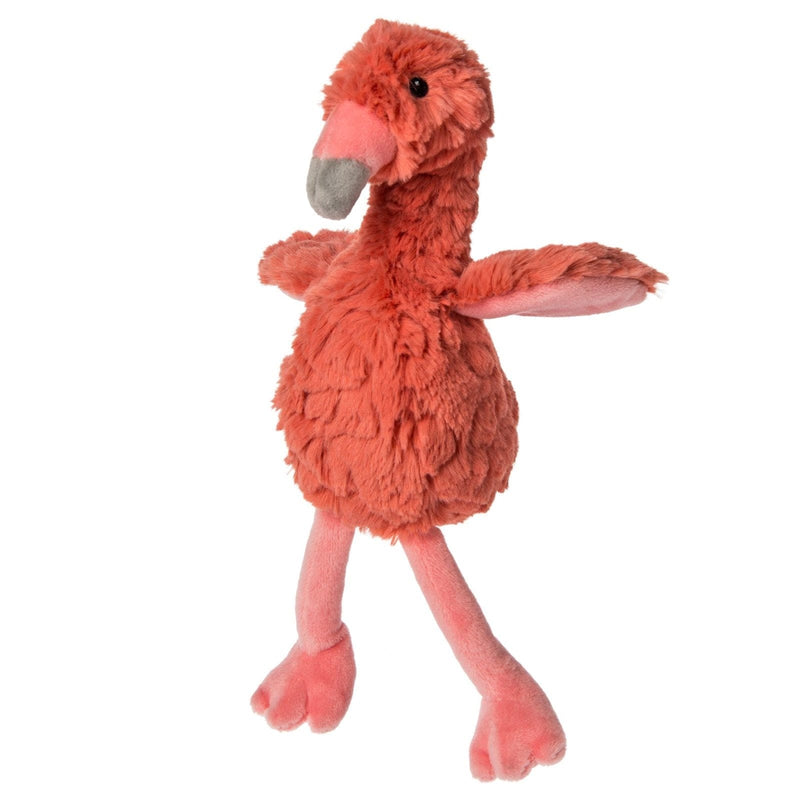 A 6-inch soft plush flamingo in calming etched fabric, perfect for small hands, with a sweet smile and vibrant colors,  