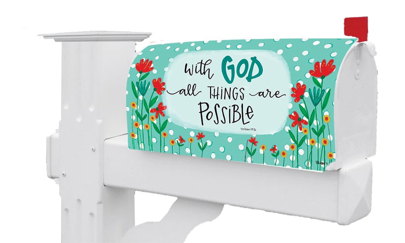 With God vinyl mailbox makeover by Custom Decor, featuring vibrant design, UV cured ink, and magnetic strips for easy attachment to standard metal mailboxes.