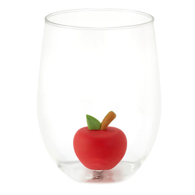 Clear plastic stemless contour glass with center post for holding silicone charms; 19.5 oz capacity, dishwasher safe.