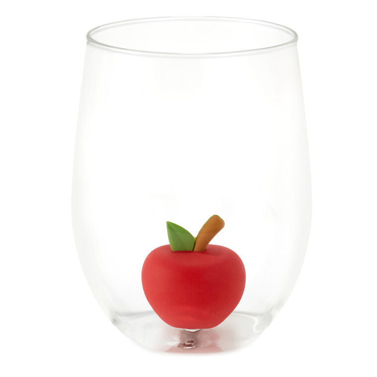 Clear plastic stemless contour glass with center post for holding silicone charms; 19.5 oz capacity, dishwasher safe.