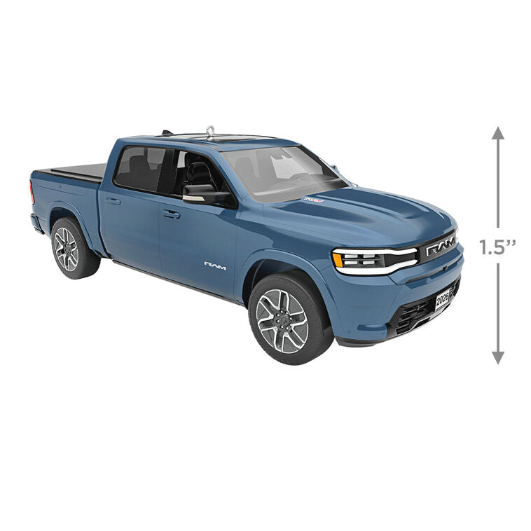 Blue Hallmark Keepsake metal ornament of 2026 Ram 1500 REV truck with detailed design, perfect for Christmas tree decorating.