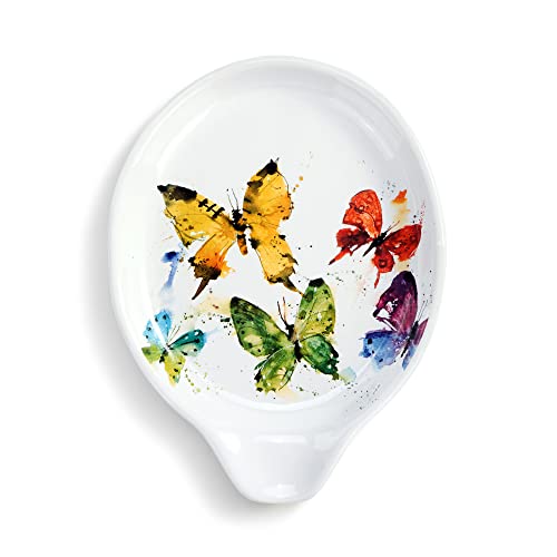 Butterfly-shaped spoon rest made of ceramic with floral design