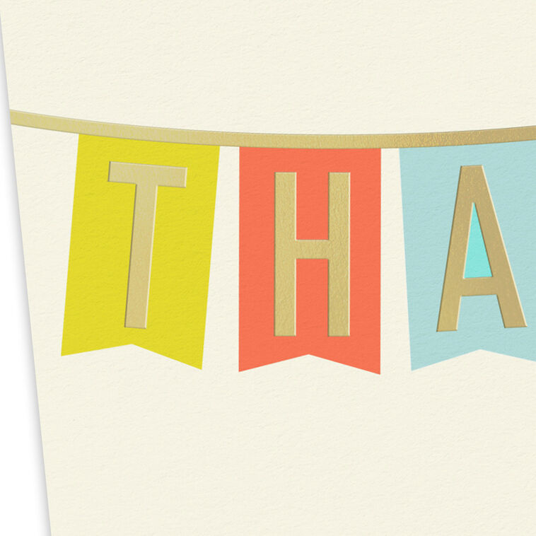 Thank-you cards with colorful pennant banner letters and gold foil on an off-white background.

