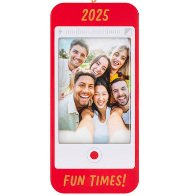 Red photo frame ornament shaped like a smartphone with “2025” and “Fun Times!” text for Christmas memories.