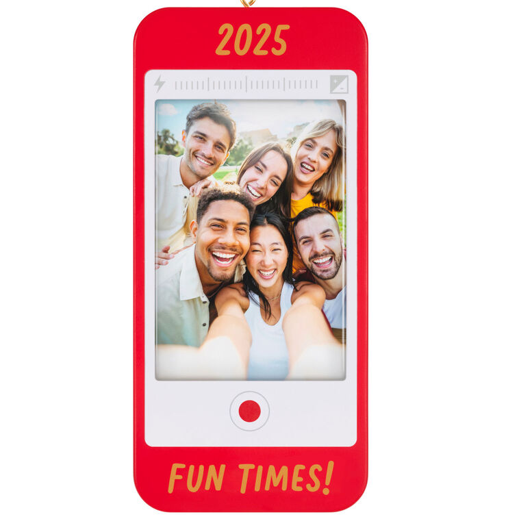 Red photo frame ornament shaped like a smartphone with “2025” and “Fun Times!” text for Christmas memories.