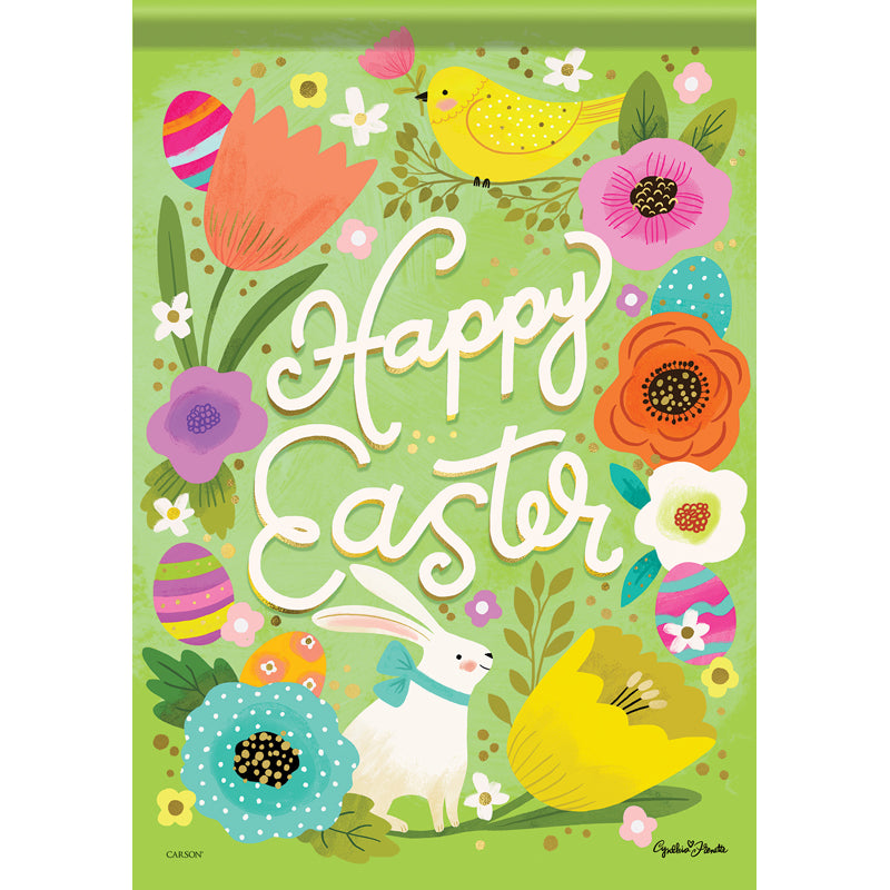 Happy Easter Medley garden flag with vibrant spring artwork, made from durable, soft Dura Soft™ fabric, readable on both sides.