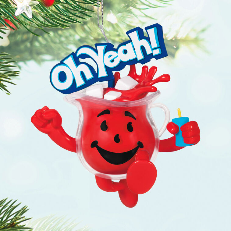 Hallmark Kool-Aid Man ornament with "Oh Yeah!" text, red cherry drink pitcher design and ice cubes.