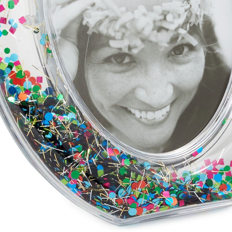 Clear oval picture frame with colorful metallic confetti inside the border, easel back, fits 4x6 vertical photo, Hallmark
