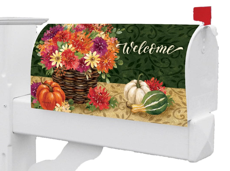Custom Decor Mums Basket Mailbox Makeover with colorful mums in a basket printed on durable vinyl with magnetic strips for easy attachment.
