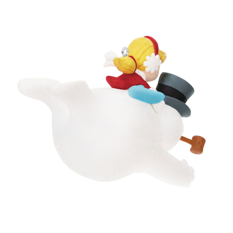 Frosty the Snowman ornament by Hallmark Keepsake featuring Frosty sliding down a snowy hill with Karen on his back from the classic holiday special.