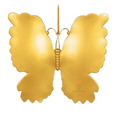 Brilliant Butterflies Christmas tree ornament with gold and pearlescent design, gem accents, and iridescent scalloped wings