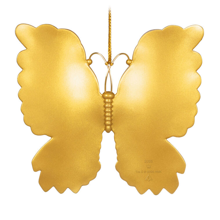 Brilliant Butterflies Christmas tree ornament with gold and pearlescent design, gem accents, and iridescent scalloped wings