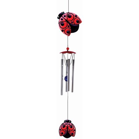 Spoontiques ladybug wind chime with metal tubes, red and black ladybug outdoor garden decor, 18-inch hanging chime