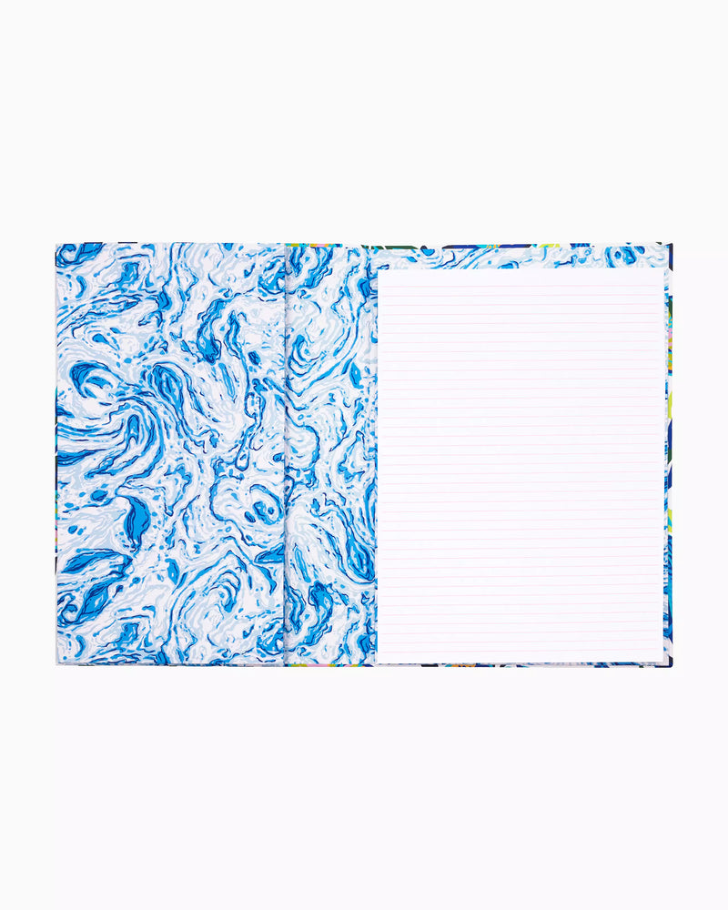 Lilly Pulitzer clipboard folio in The Hottest Spot print with gold clip, notepad, and interior pocket for papers and pen.
