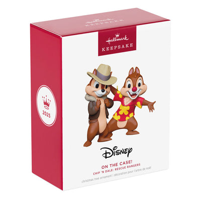 Chip and Dale Rescue Rangers ornament in detective outfits from Disney Afternoon cartoon, holiday collectible.


