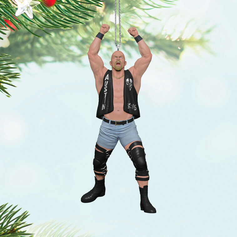 Stone Cold Steve Austin ornament, WWE wrestler in black vest, Hallmark Keepsake, Christmas tree decoration, 3:16, Attitude Era collectible.