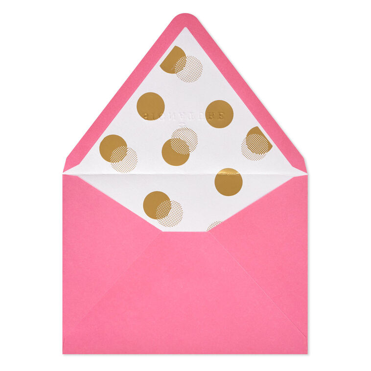 Bright pink envelopes with gold and white halftone dot design inside the flap and pointed edges.
