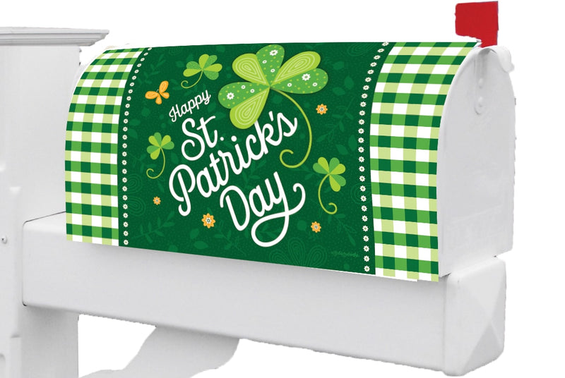 St. Pat’s Check mailbox makeover by Custom Decor, all-weather vinyl, UV-cured ink, with magnetic strips for easy attachment to standard metal mailboxes.
