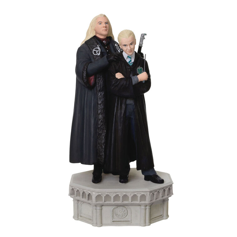 Hallmark Keepsake ornament of Lucius and Draco Malfoy in black robes standing on stone base, light and sound Chamber of Secrets Collection