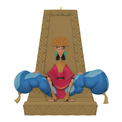 Emperor Kuzco ornament sitting on plush throne from Disney’s The Emperor’s New Groove holiday collection.

