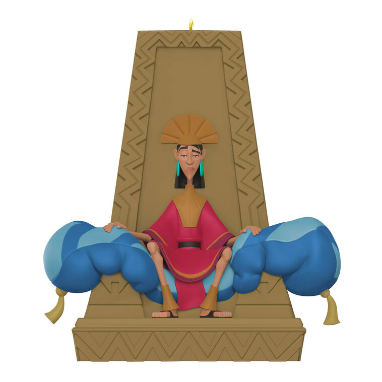 Emperor Kuzco ornament sitting on plush throne from Disney’s The Emperor’s New Groove holiday collection.

