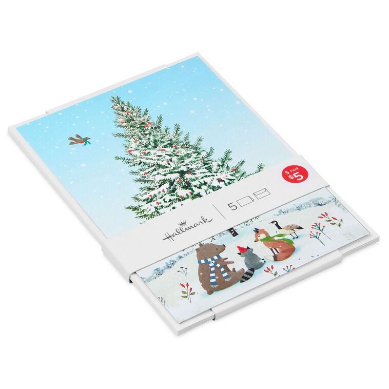 Woodland Critters Around a Snowy Tree Packaged Christmas Cards, Set of 5