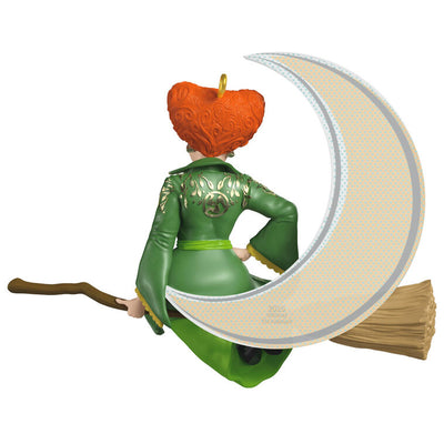 Halloween ornament of Winifred Sanderson on broomstick flying in front of crescent moon from Disney's Hocus Pocus