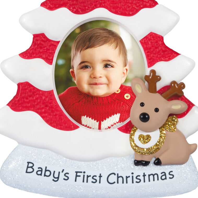 Red and white glittered Christmas tree photo frame ornament with 2025 star topper, baby’s photo slot, and reindeer calf accent.