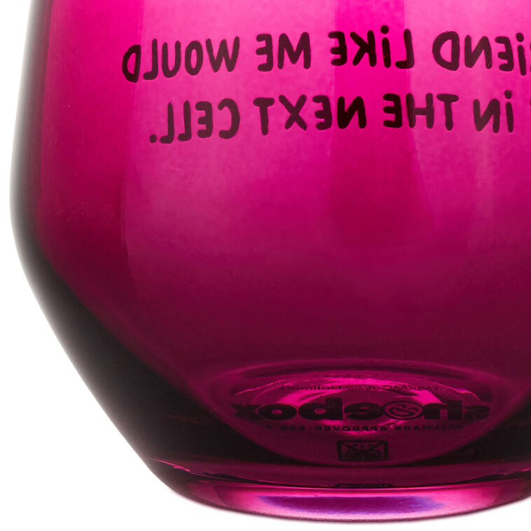 Dark berry-tinted stemless wine glass with white text: “A good friend would visit you in jail.