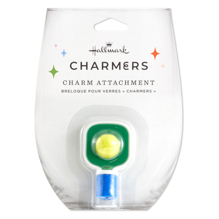 Silicone drink charm shaped like a pickleball paddle and ball, fits inside Charmers or stemless contour glasses   drink ID.