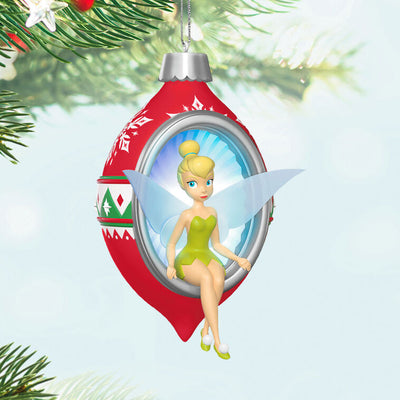Hallmark Keepsake Disney Tinker Bell Trimming the Tree Ornament with Tink on red and green ornament, lights up with button.