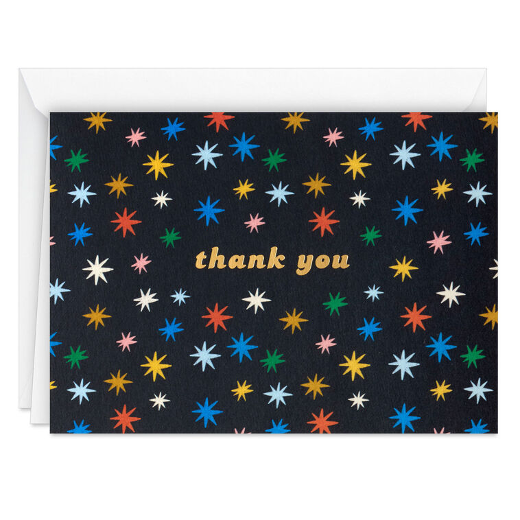 Black thank you cards with multicolor stars and gold foil lettering, shown in a kraft box with white envelopes, pack of 10
